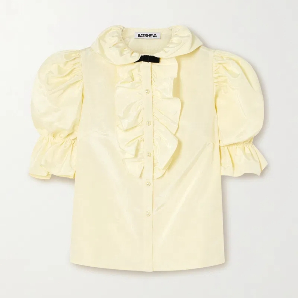 NWOT Batsheva Lou Faux Pearl-Embellished Ruffled Moire Blouse Ivory